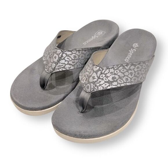 Spenco Orthotic Thong Sandals in Grey Shimmer Cheetah Print 9.5 - Picture 14 of 15